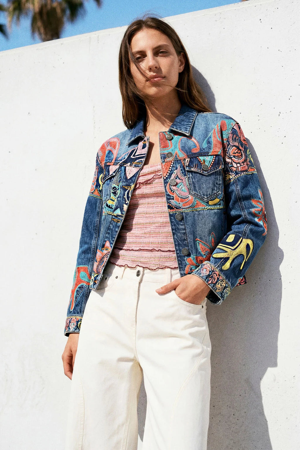Veste jean brodé imprimé éléphant
