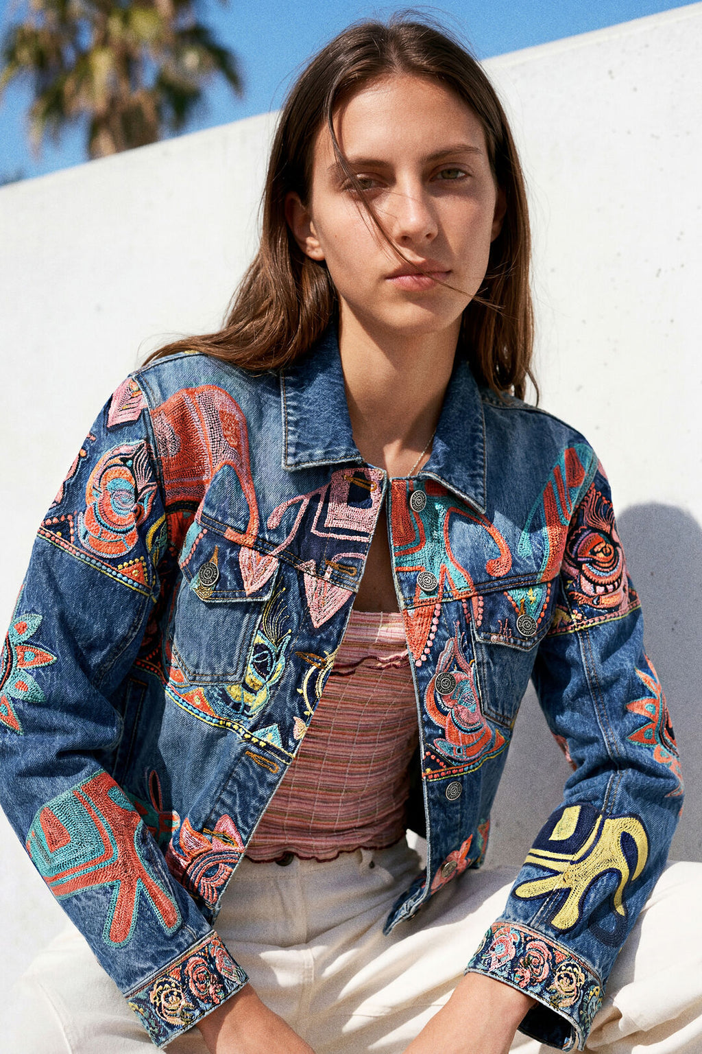 Veste jean brodé imprimé éléphant