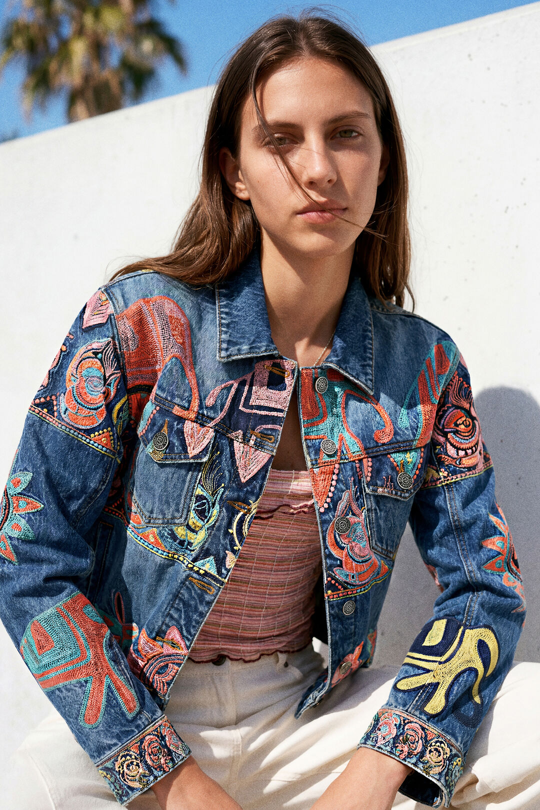 Veste jean brodé imprimé éléphant
