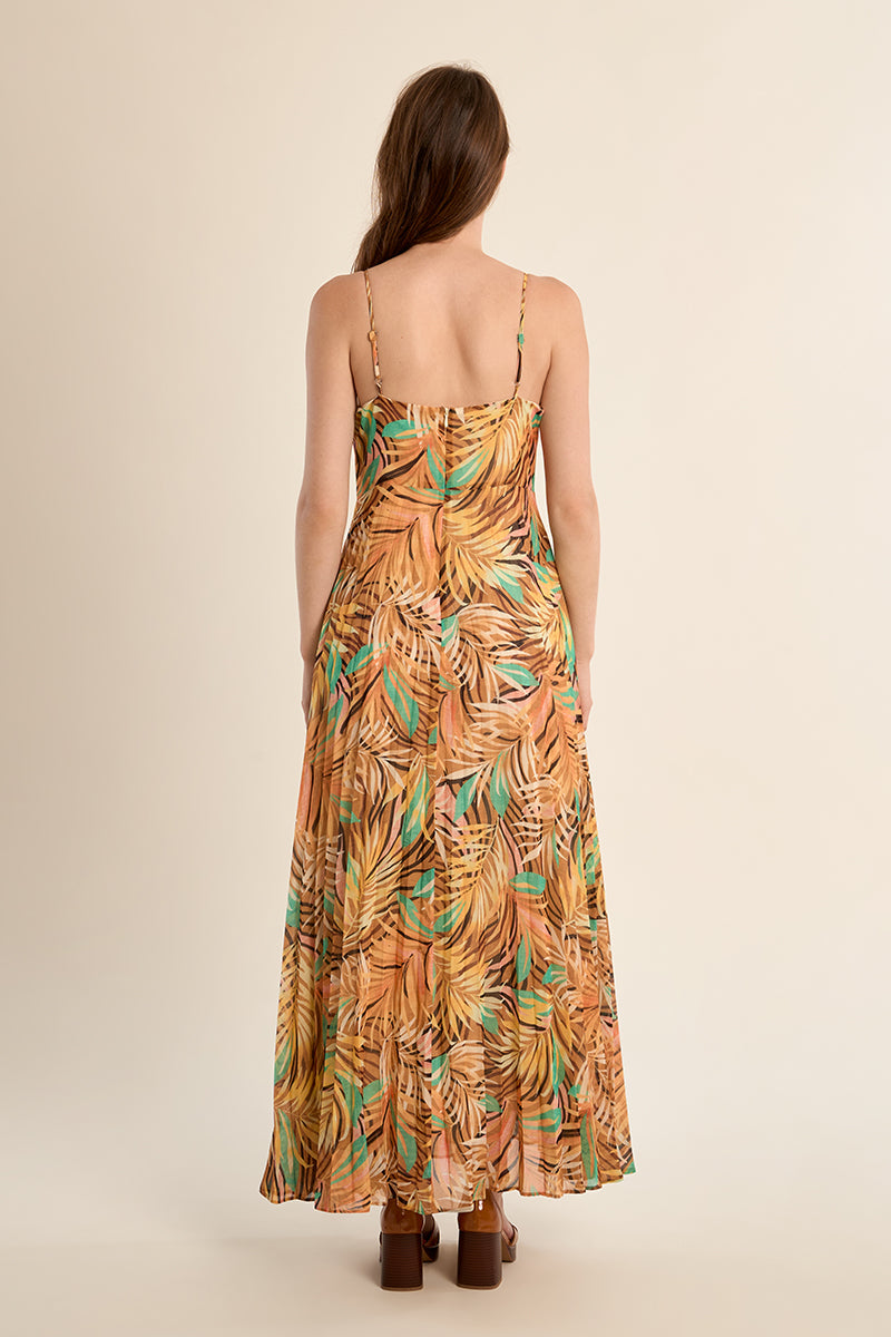 Robe longue plissée, imprimée