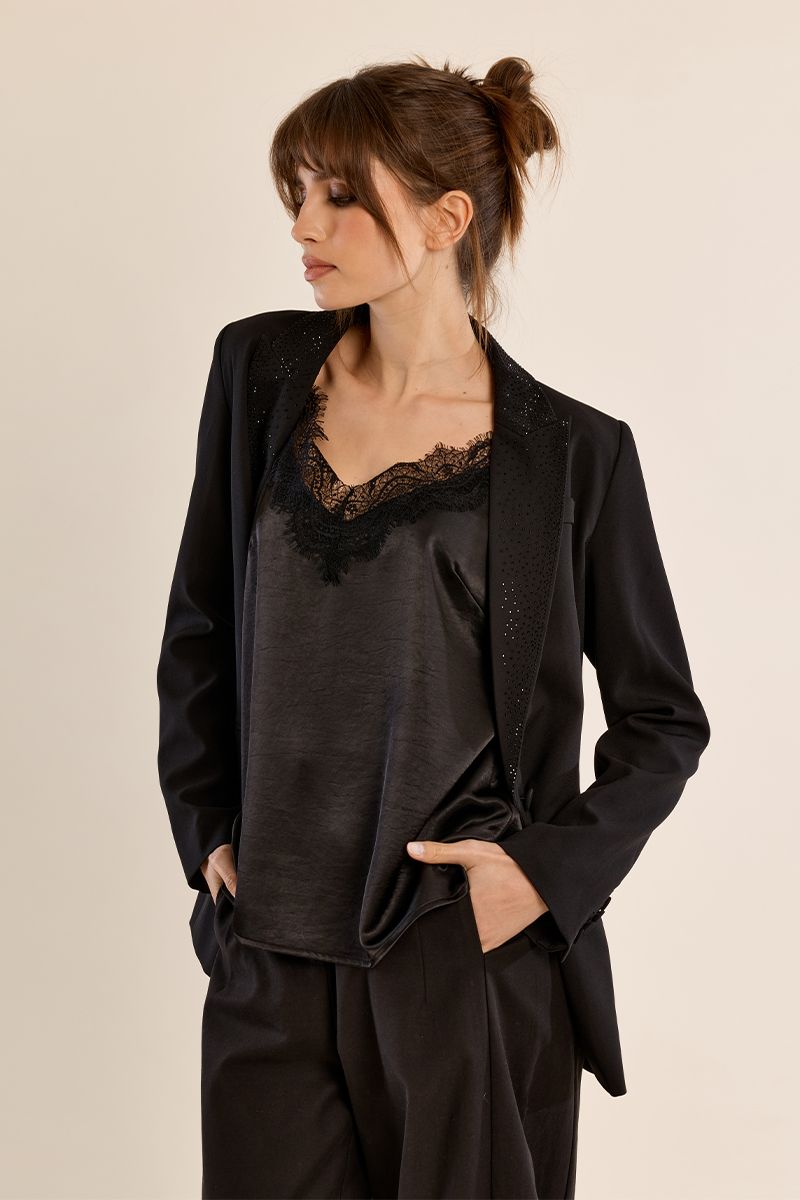 Blazer col tailleur à strass Noir Molly Bracken – vue 1