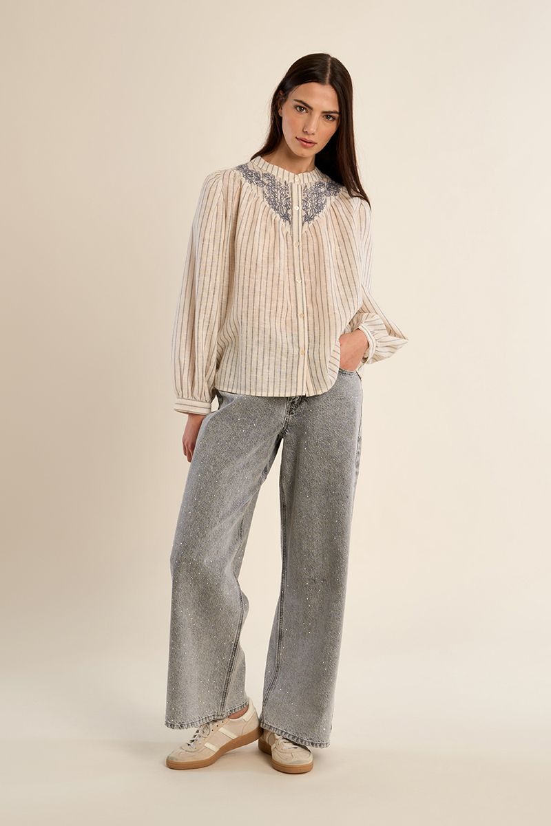 Blouse à rayures col Mao Crème Molly Bracken – vue 3