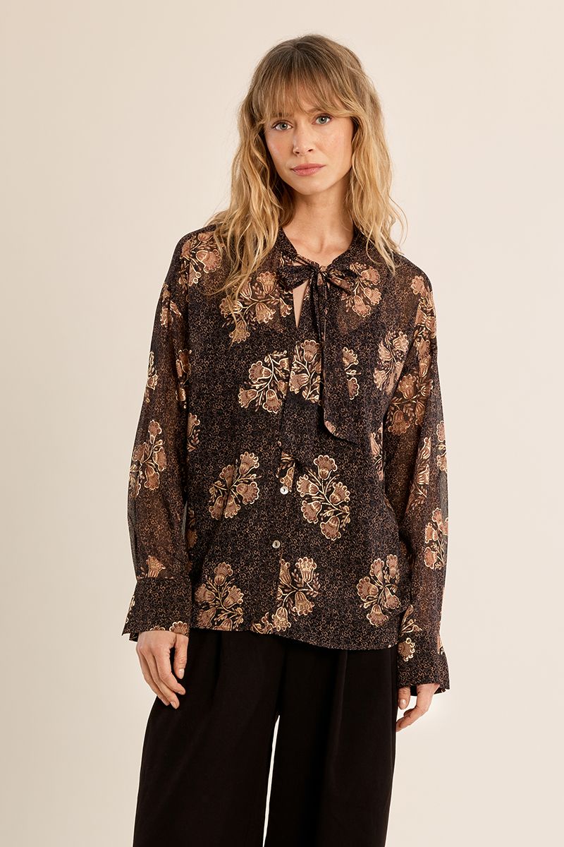 Blouse col lavallière fleurie Apolline Chocolat Molly Bracken – vue 5