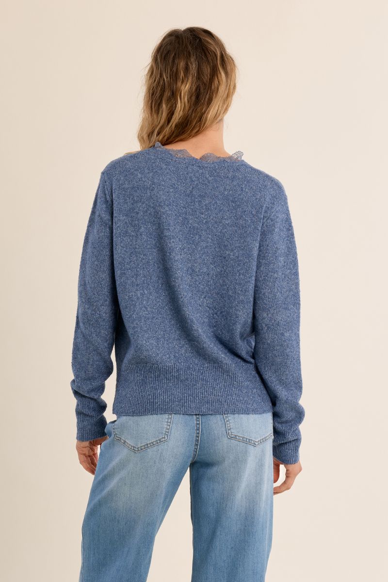 Cardigan court festonné de dentelle Bleu Denim Molly Bracken – vue 4