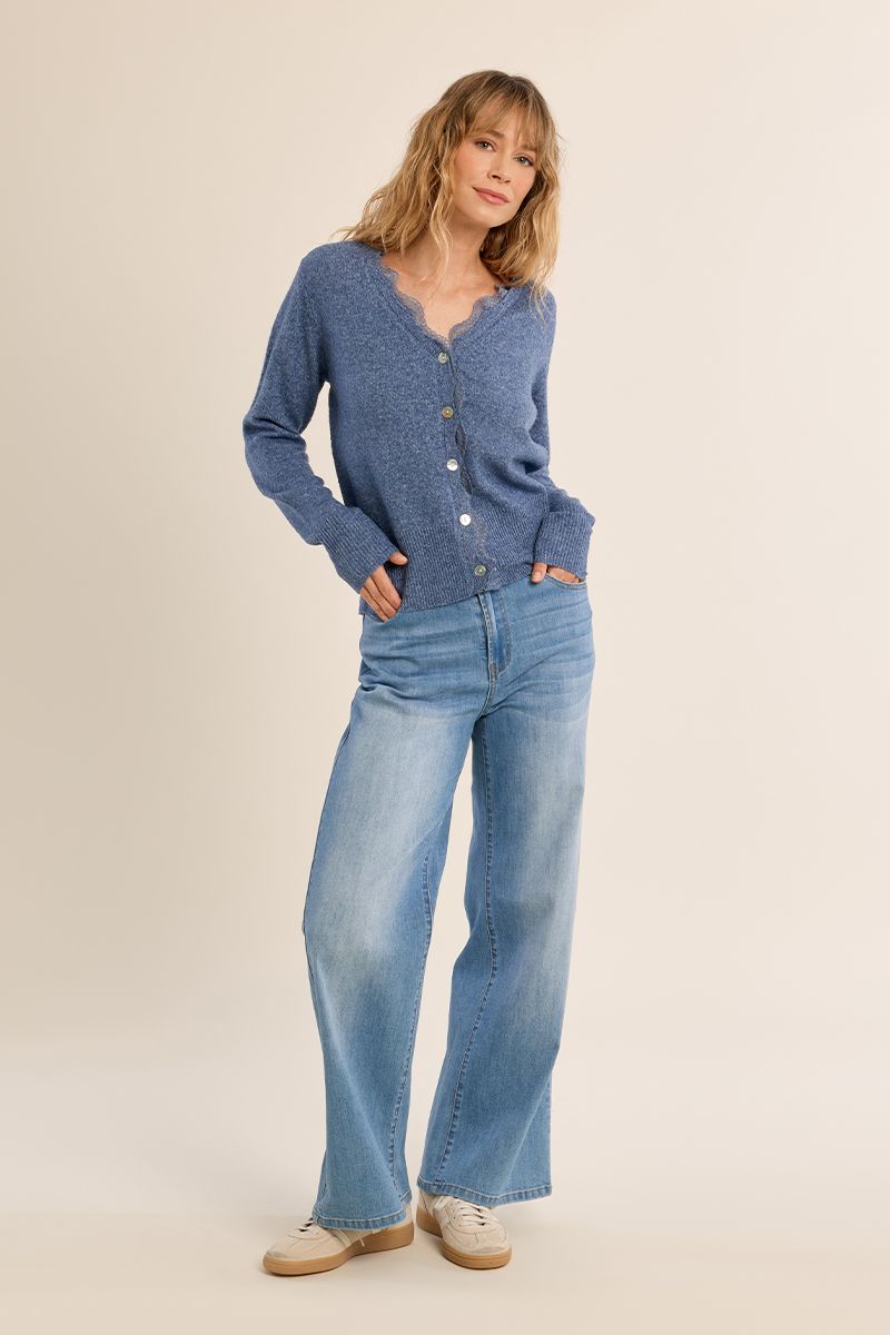 Cardigan court festonné de dentelle Bleu Denim Molly Bracken – vue 3