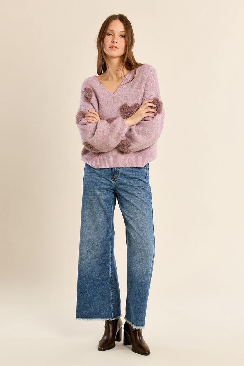 Pull duveteux aux cœurs irisés Mauve Molly Bracken – vue 3