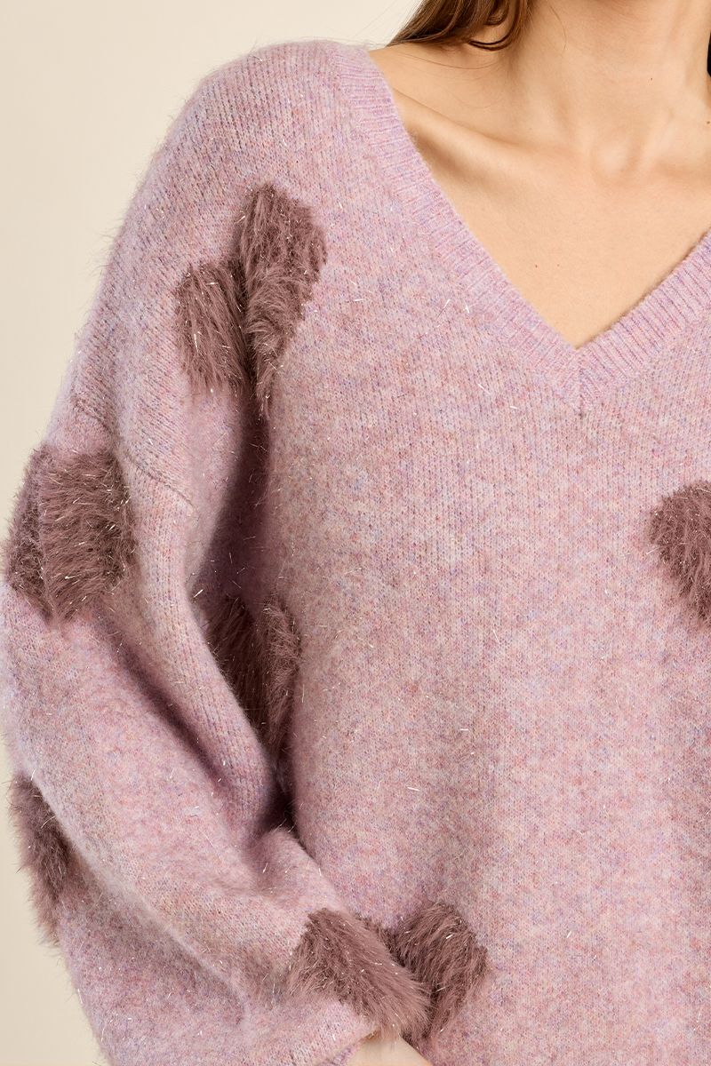 Pull duveteux aux cœurs irisés Mauve Molly Bracken – vue 2
