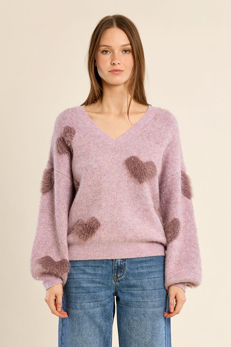 Pull duveteux aux cœurs irisés Mauve Molly Bracken – vue 4
