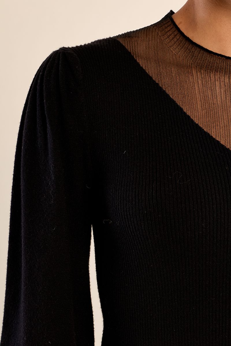 Pull bi-matière manches bouffantes Noir Molly Bracken – vue 2