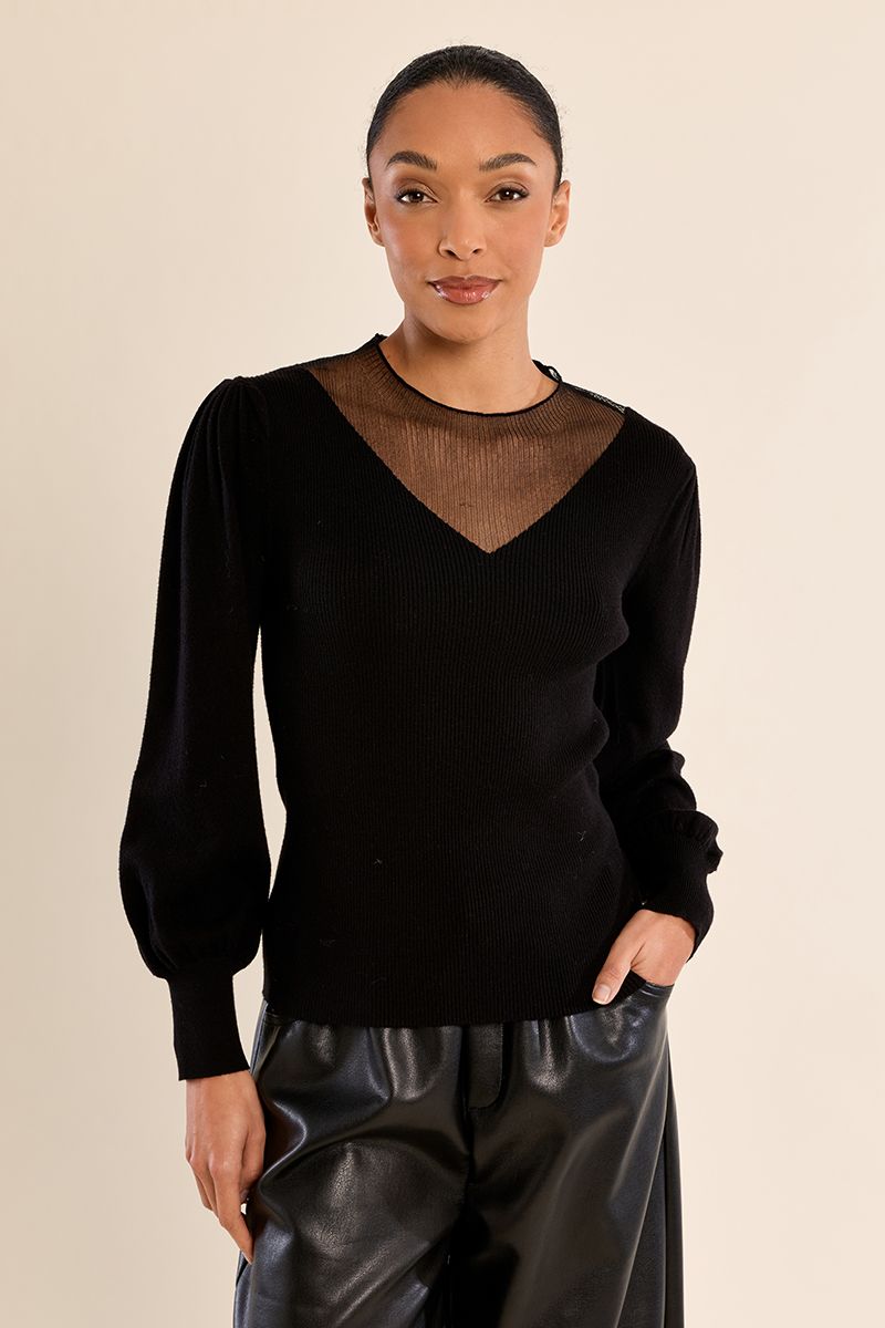 Pull bi-matière manches bouffantes Noir Molly Bracken – vue 1