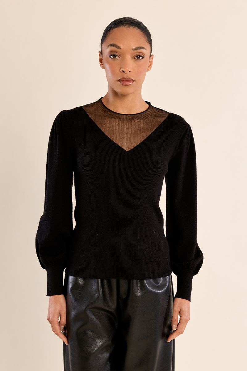 Pull bi-matière manches bouffantes Noir Molly Bracken – vue 5