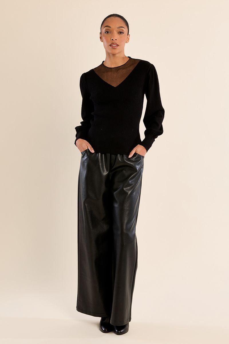 Pull bi-matière manches bouffantes Noir Molly Bracken – vue 3