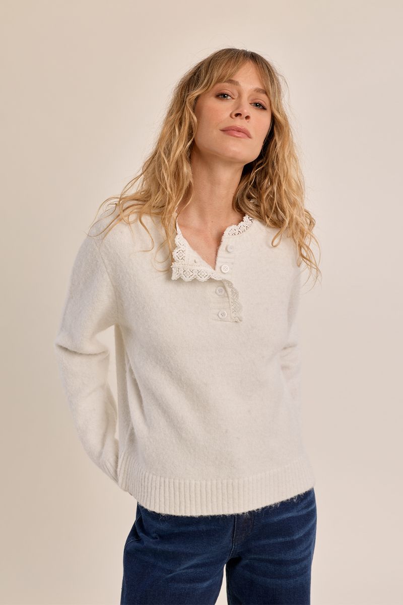 Pull en maille col dentelé Blanc Molly Bracken – vue 3