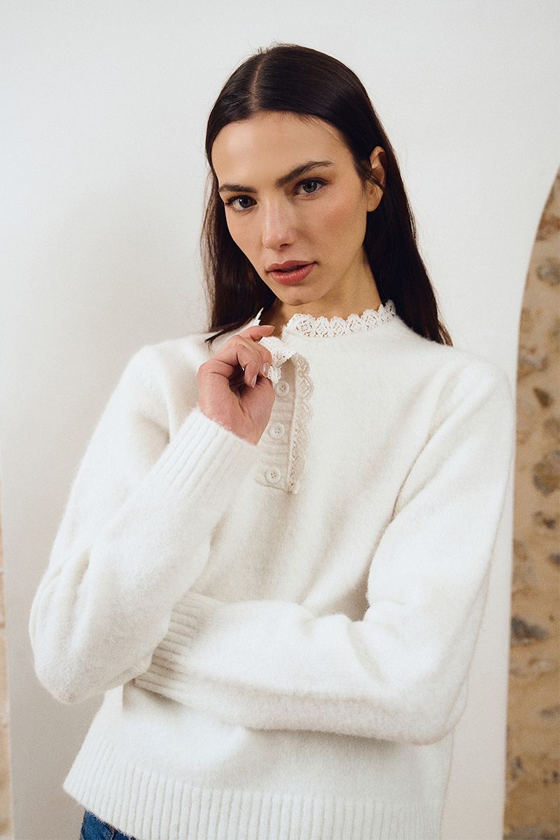 Pull en maille col dentelé Blanc Molly Bracken – vue 1