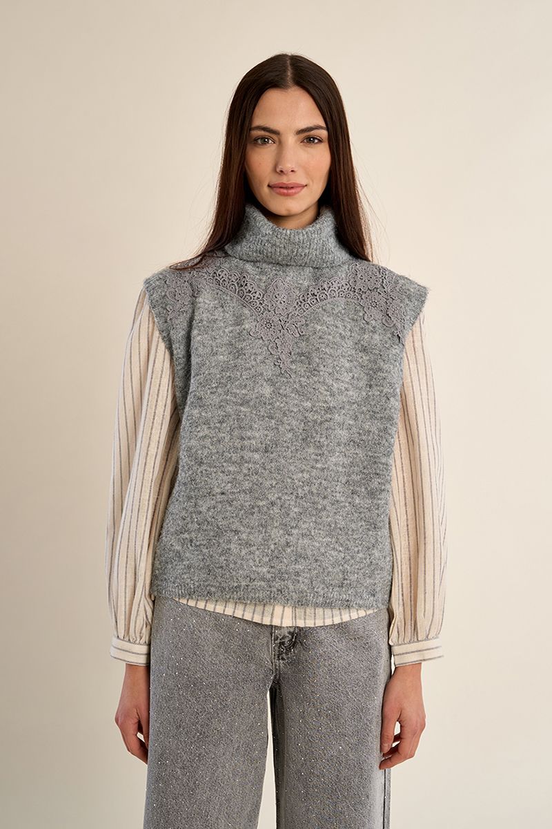 Pull sans manches col roulé brodé Gris Molly Bracken – vue 6