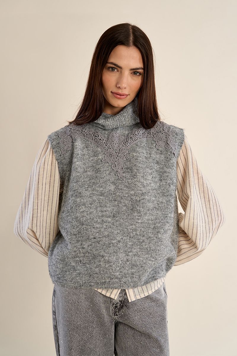 Pull sans manches col roulé brodé Gris Molly Bracken – vue 3