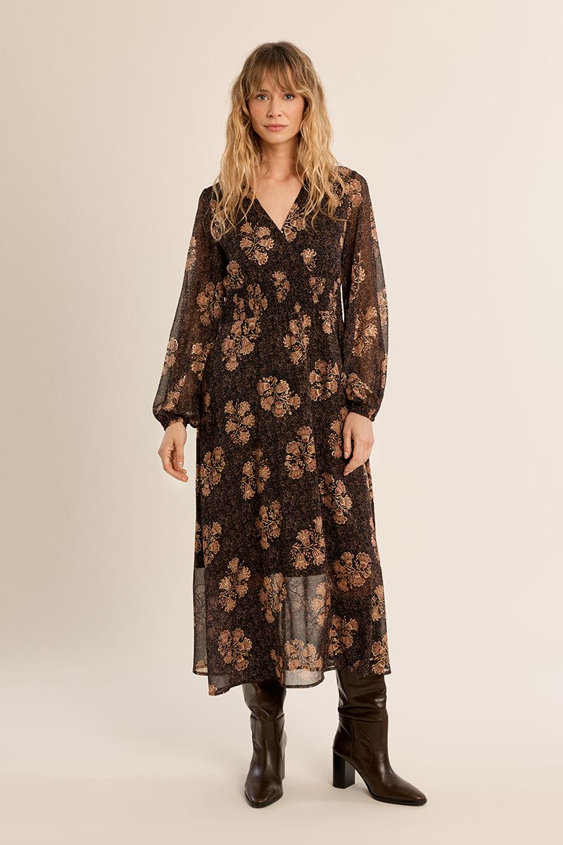 Robe mi-longue fleurie Apolline Chocolat Molly Bracken – vue 5