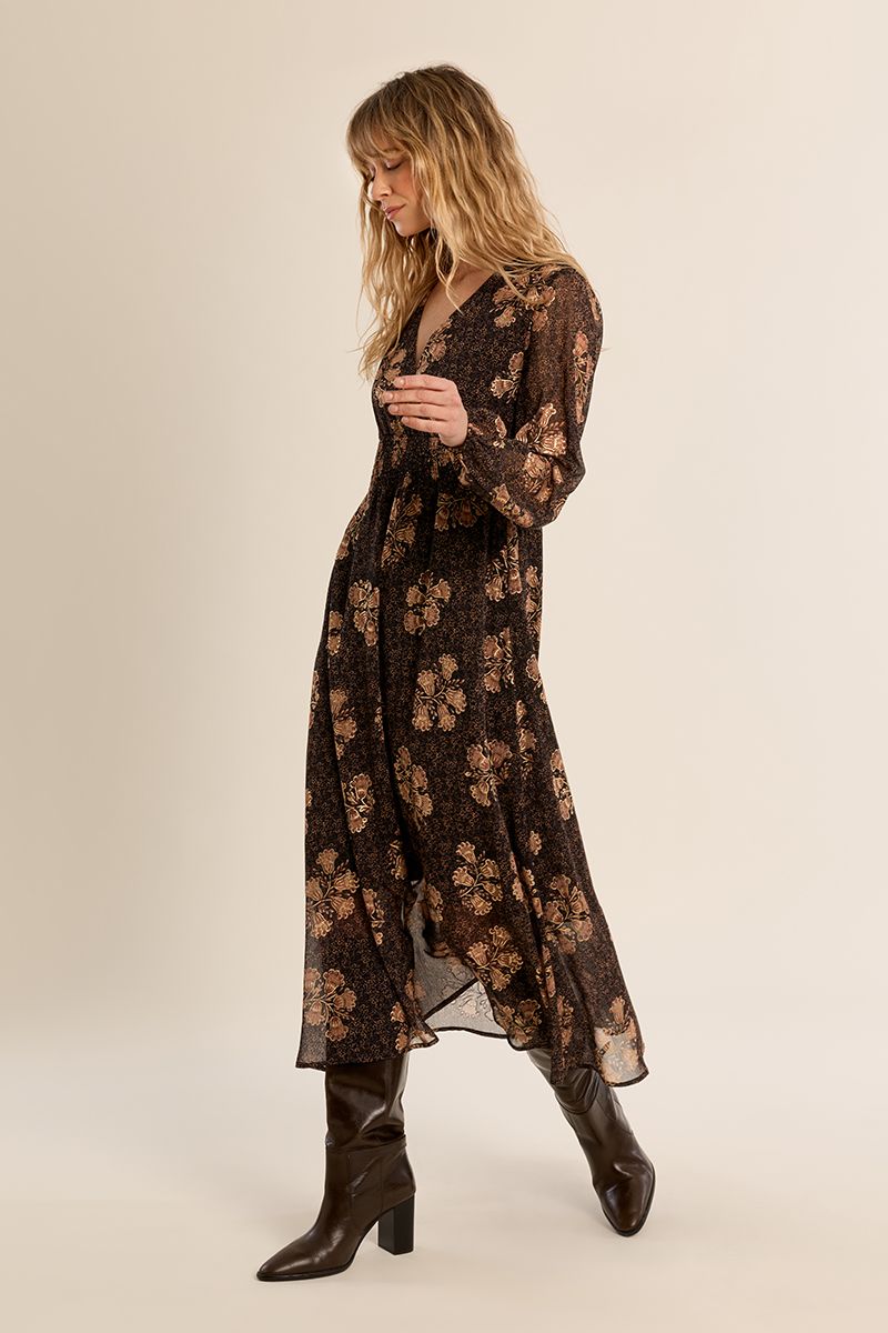 Robe mi-longue fleurie Apolline Chocolat Molly Bracken – vue 3