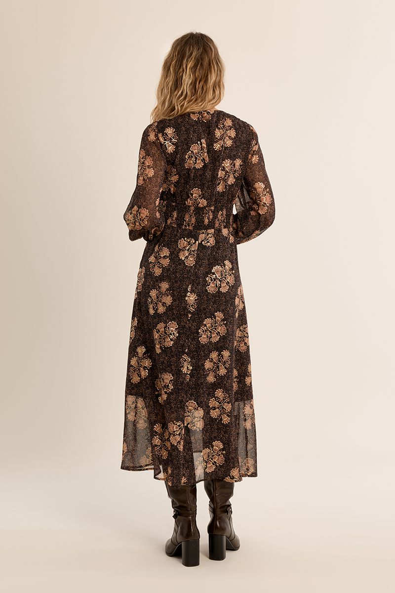 Robe mi-longue fleurie Apolline Chocolat Molly Bracken – vue 4