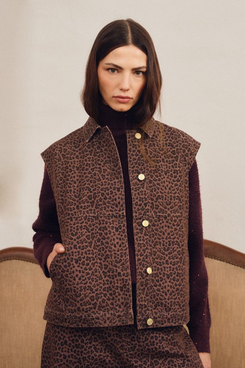 Veste en denim sans manches léopard Marron Molly Bracken – vue 1